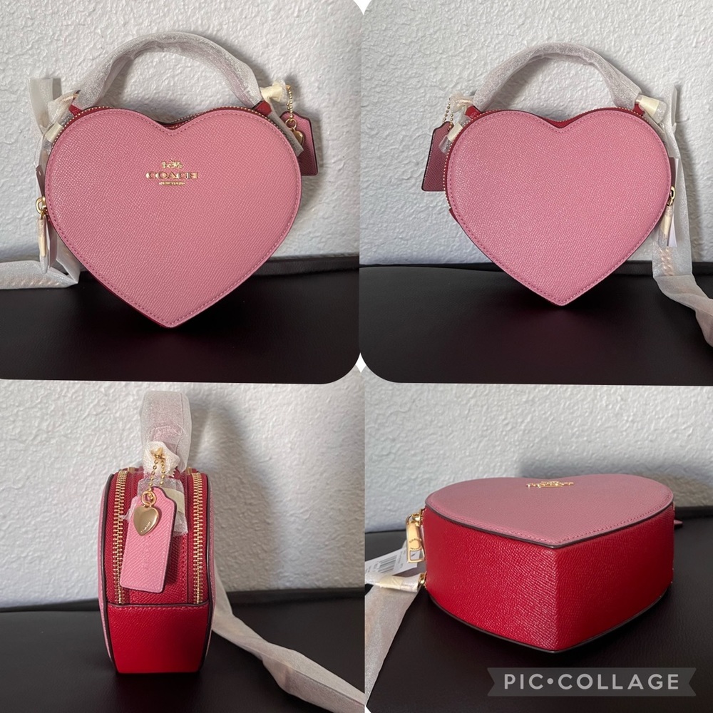 NWT COACH HEART CROSSBODY IN COLORBLOCK LEATHER TOP HANDLE GOLD/TRUE PINK - Picture 10 of 14